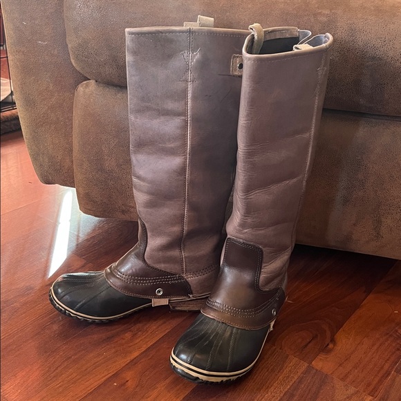 Sorel Shoes - Sorel Dark Brown with Gray Leather Slimpack Tall Boots
